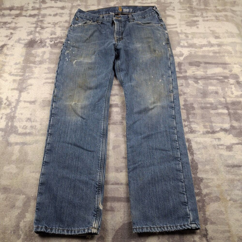 Carhartt Jeans Mens 34x32 Fleece Lined Distressed Heavy Workwear Rugged Flex